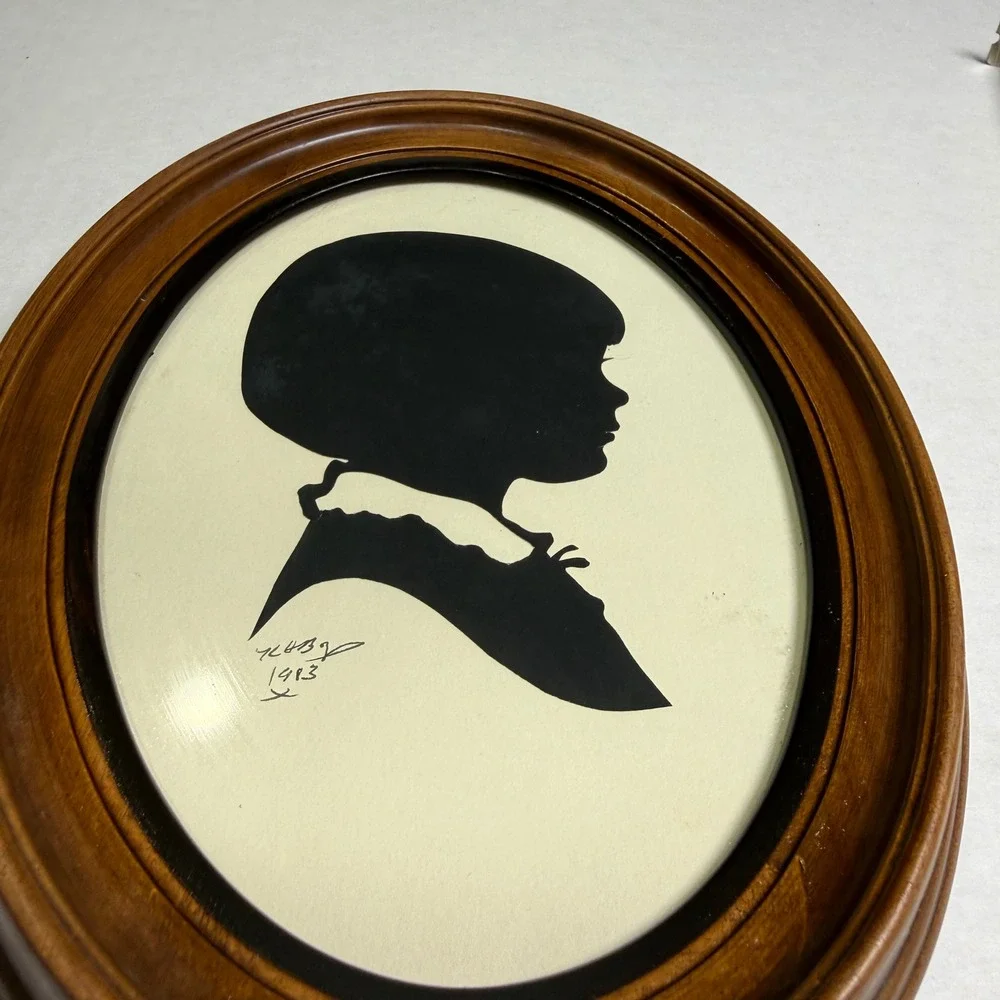 Vintage 1983 Signed Silhouette Portraits Boy and Girl Oval Wood Frames Pair